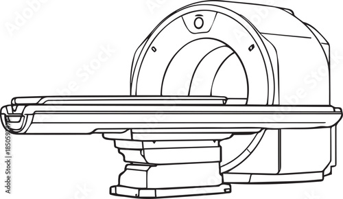 Black and white vector illustration of MRI scanner with cylindrical bore and horizontal patient table