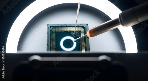 Technician Soldering Microchip Under Precision Microscope