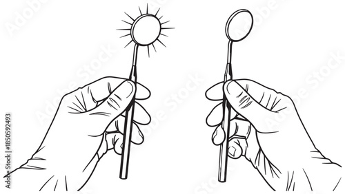Vector line art illustration of two hands holding dental mouth mirrors for oral hygiene inspection and medical industry service