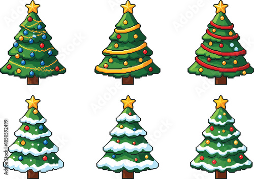 Pixel art Christmas tree vector collection with snow ornaments and stars for holiday greeting cards festive game assets and seasonal winter decorations.