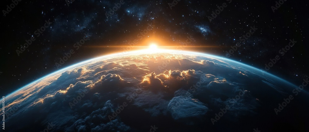 Obraz premium Sunrise over Earth from space with glowing horizon, dramatic illuminated cloud tops, dark oceans and distant starfield with milky way, inspiring awe and serene hope
