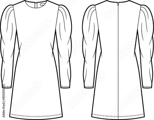 Women dress vector illustration, front back views, blank long sleeve fashion mockup, elegant apparel design template for branding marketing editorial