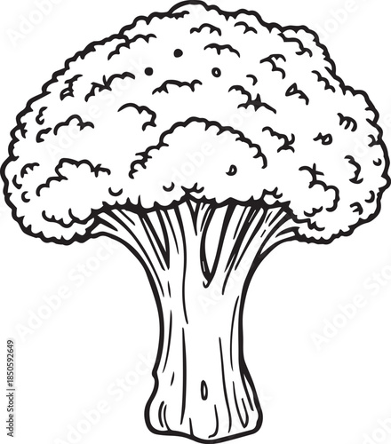 Black and white vector illustration of detailed broccoli floret with textured head and thick stalk