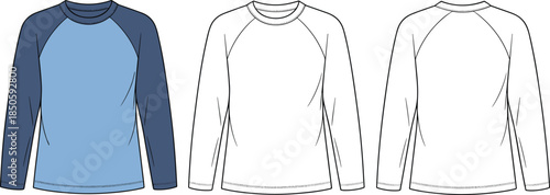 Men raglan long sleeve t shirt technical fashion illustration flat sketch, front back view apparel garment design vector template