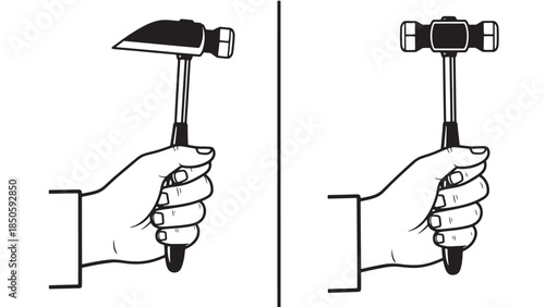 Vector illustration collection of hands holding medical reflex hammers or orthopedic mallets for diagnostic testing and bone surgery