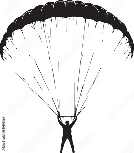 Black and white vector illustration of parachute descent with person in silhouette holding control lines