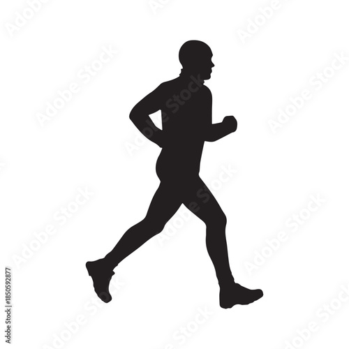 Silhouette of a male runner in motion, captured in a profile view against a white background