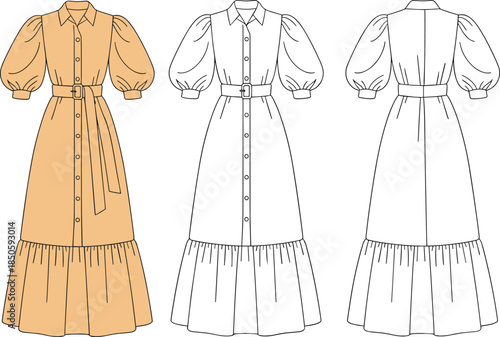 Women midi dress front and back view vector illustration, belted puff sleeve fashion mockup isolated on white background design apparel