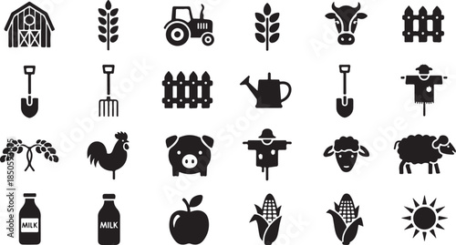 Farm icons set with animals, tools, and produce