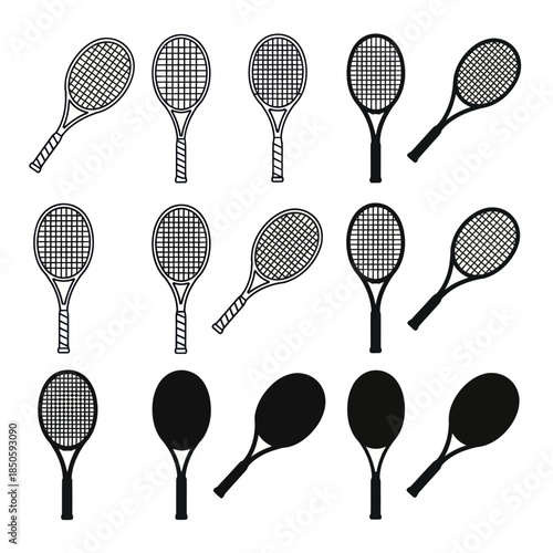 Collection of Tennis Racket Illustrations in Various Styles.