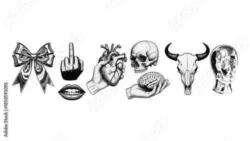 Set of Hand Drawn Illustrations Vector Sketch Collection, Black and White Vintage Tattoo Art Style, Including Bow, Middle Finger, Anatomical Heart, Human Skull, Brain, and Bull Skull
