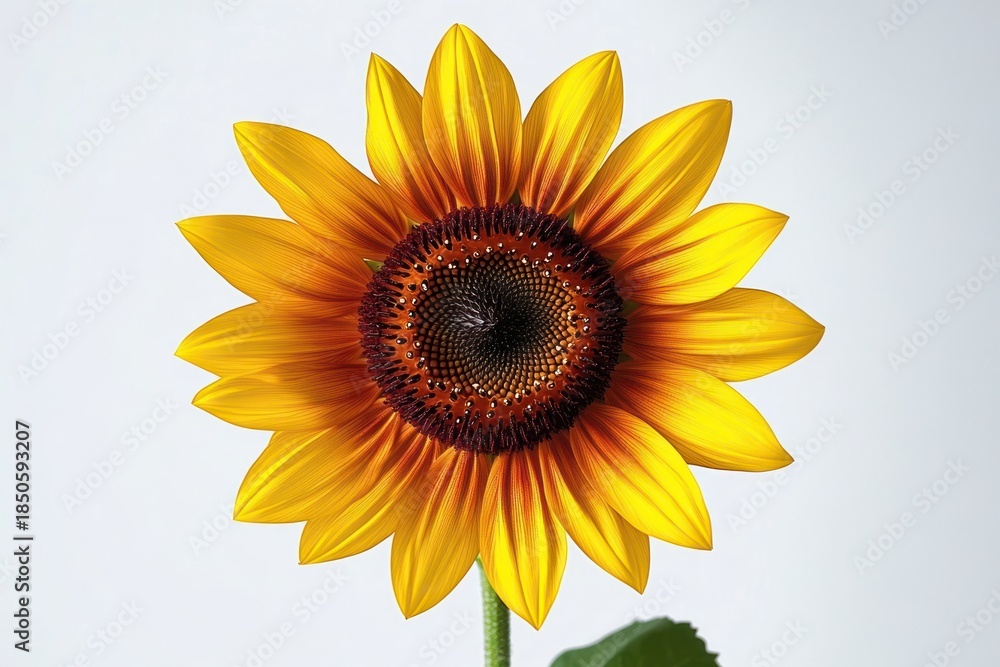 Fototapeta premium single vibrant sunflower with yellow and orange petals and dark brown seed center on pale background, green stem and leaf, bright cheerful mood