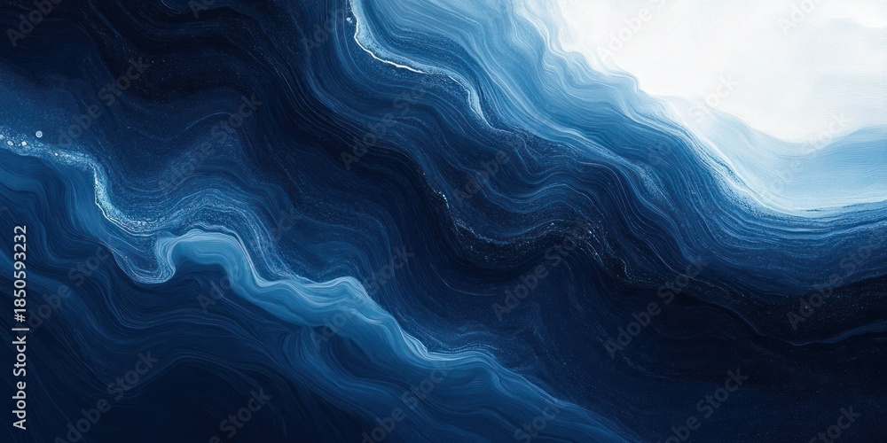 Obraz premium layered flowing blue marble waves with white highlights and speckled texture, evoking calm motion, deep oceanic depth and serene atmosphere