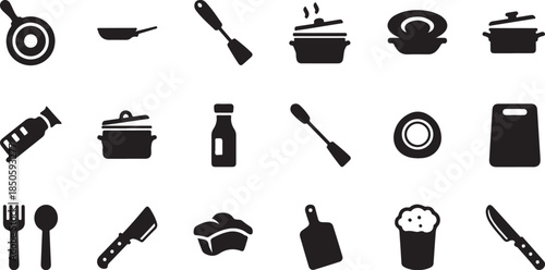 Kitchen utensils and cookware icons in black silhouette style