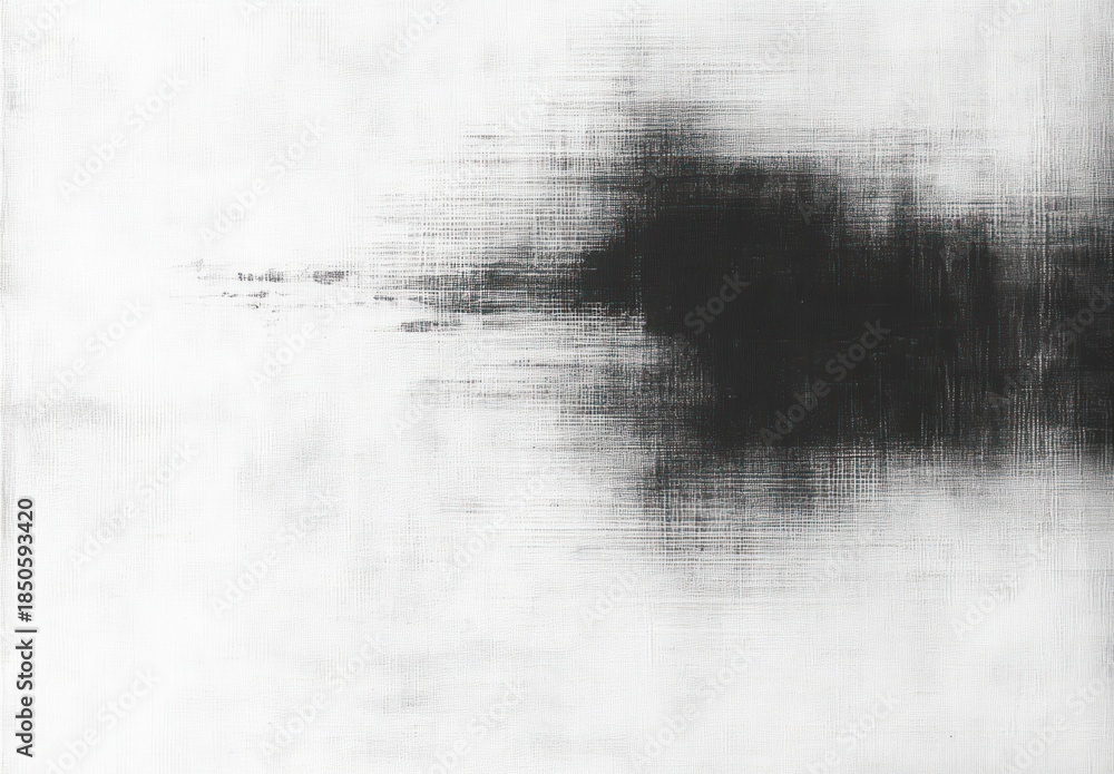 Obraz premium black ink cloud with horizontal streaks and canvas texture on a white background, minimalist abstract composition conveying a moody contemplative atmosphere