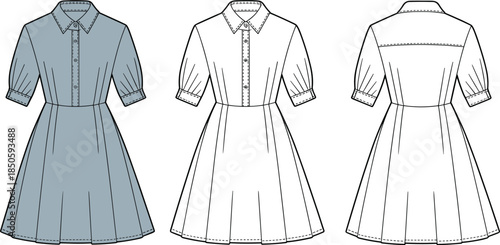 Women shirt dress front and back view vector illustration, short sleeve belted fashion mockup isolated on white background apparel design