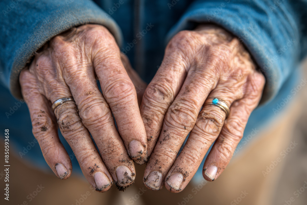 Fototapeta premium Close-up of dirty, weathered human hands showing rough skin, wrinkles, and traces of labor, expressing strength, endurance, and the physical reality of the human body.