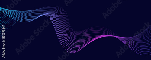 Dark abstract background with glowing wave. Shiny moving lines design element. Modern purple blue gradient flowing wave lines.