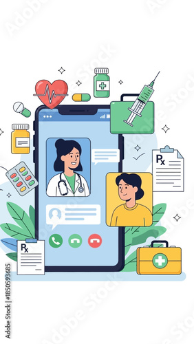 Telemedicine consultation between a doctor and patient on a smartphone, surrounded by various medical supplies and healthcare items.