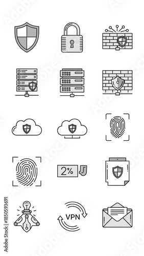 A collection of line art icons representing various aspects of cybersecurity, data protection,, locks, firewalls, servers, cloud, fingerprints, VPN, and secure messaging.