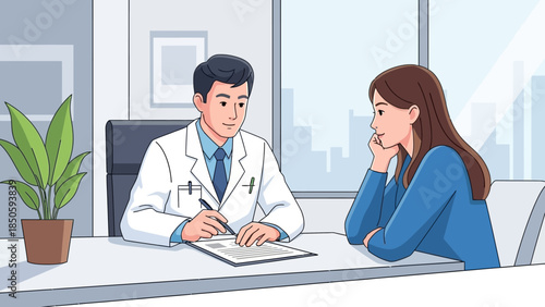Male doctor consulting with a female patient in an office setting, discussing health concerns.
