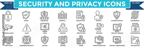 Security and privacy icon collection set. Containing secure, password, firewall, encryption, authentication, surveillance, protection icon. Line style vector illustration.