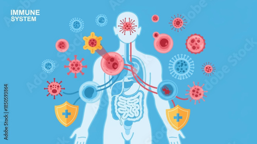 Illustration of the human immune system defending the body against viruses and bacteria, showing pathogens attacking and protective shields.