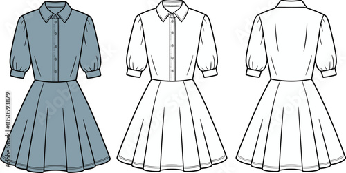 Women shirt dress technical fashion illustration flat sketch, front back view pleated skirt garment design vector sewing pattern apparel template