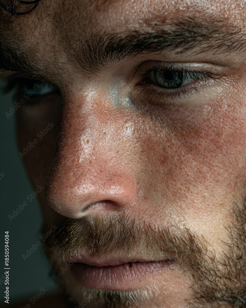 Obraz premium Extreme close-up of a Caucasian male face revealing natural skin texture, pores, and facial hair, expressing realism, maturity, and the human body without retouching.