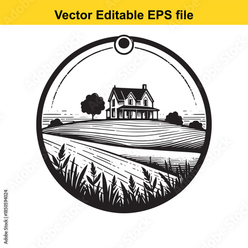  vector illustration of a house on a farm with fields and trees in a circular frame