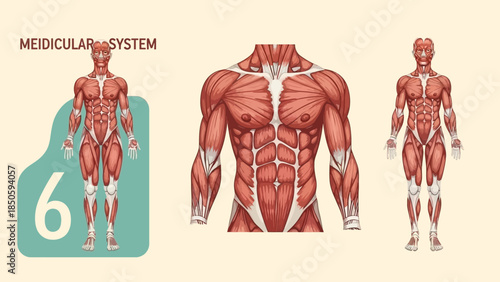 Detailed anatomical illustration of the human muscular system showing anterior views of the body and torso.