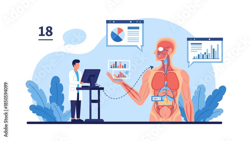 Doctor analyzing human body data and medical statistics on a computer for health research and scientific study.