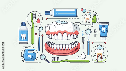A comprehensive illustration of dental care tools and oral hygiene products for healthy teeth.