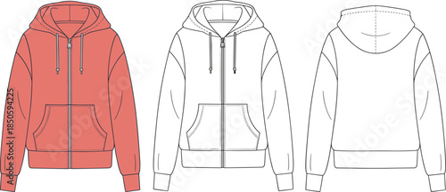 Zip up hoodie front and back view vector illustration, sweatshirt mockup template, casual apparel design isolated on white