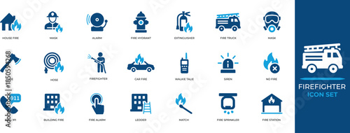 Firefighter icon set with fire rescue, siren, professional, rescue, blaze, hazard, saving, security, emergency, fire station symbols for apps, infographics, public safety designs.