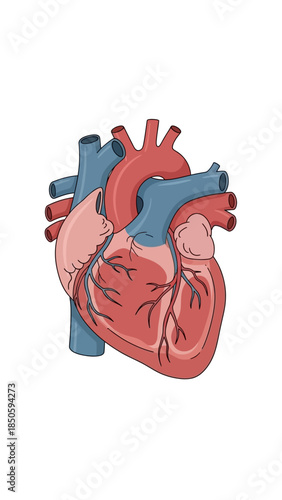 A detailed anatomical illustration of the human heart, showing its chambers and major blood vessels in red and blue.