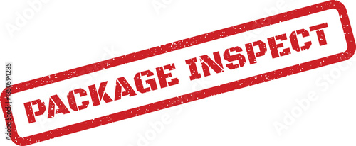 Grunge rubber stamp text reading package inspect in a rectangular frame with textured details