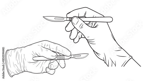 Vector illustration of surgeon hands holding sharp steel scalpel blades for medical operation and surgical industry procedure
