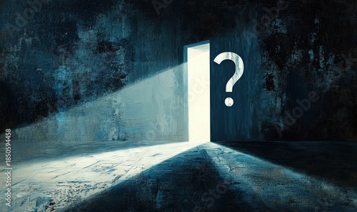 open illuminated doorway in a dark textured room casting long beams of light and shadow with a large floating question mark, evoking mystery and contemplative uncertainty