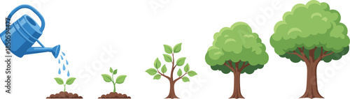 Flat vector illustration showing stages of tree growth from sprout to mature leafy tree with blue watering can