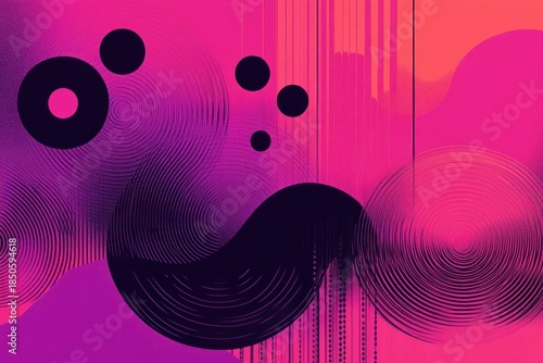 Abstract pink and magenta composition with concentric circular rings, black dots, a dark wavy ribbon, vertical stripes and textured ripples conveying vibrant energy and dynamic motion