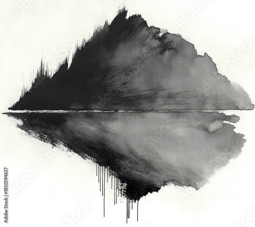 monochrome ink wash mountain silhouette mirrored on calm water with a thin horizon line and dripping reflections, quiet and melancholic
