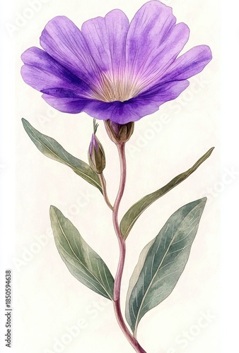 delicate watercolor of a single purple flower with broad petals, slender stem, green leaves and a closed bud, evoking calm elegance