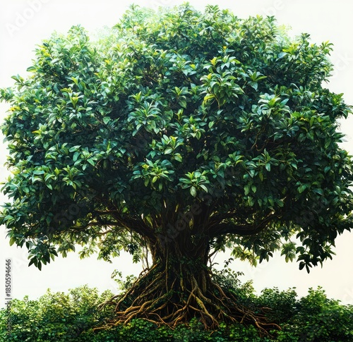 Majestic ancient tree with dense green canopy and exposed twisting roots rising above low shrubbery, evoking serenity and timeless strength