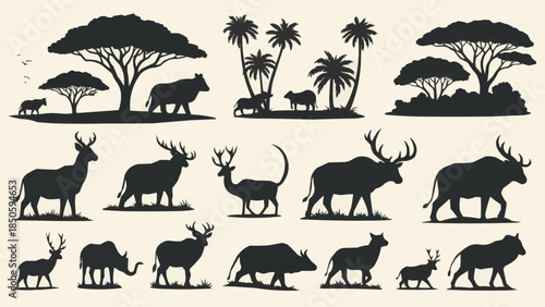 Collection of African Wildlife Silhouettes in Various Poses.