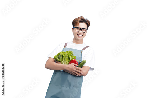 Fresh Produce Smile: A cheerful individual, adorned with glasses and a friendly apron, cradles a vibrant collection of fresh produce, expressing a vibrant smile