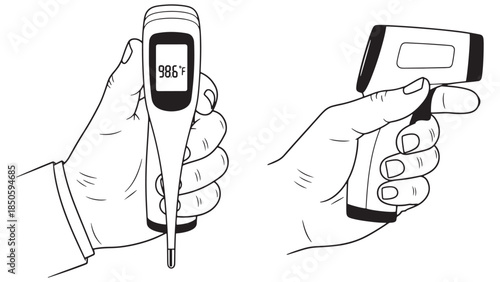 Vector line art illustration set of hands holding digital stick and infrared thermometers for medical temperature screening