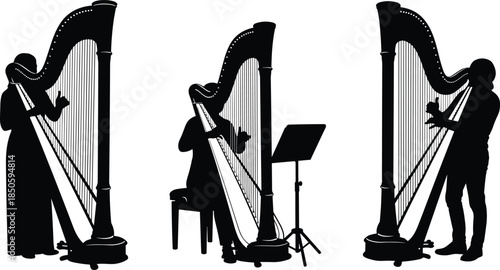 Three musicians playing harps silhouette, two standing and one sitting with music stand, classical music performance, black vector illustration, isolated on white background for concert graphic.