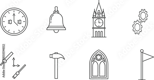 Time and architecture line icon set, clock tower bell gears and hammer vector illustration, historical city elements collection isolated on white background