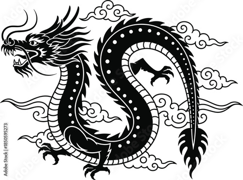 Traditional Chinese dragon vector illustration in black and white, mythological creature silhouette with clouds isolated on white background for tattoo design.